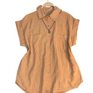 Brown Short Sleeve Button Up Shirt Relaxed Fit Casual Top